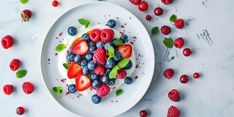 Poster - Vegan Summer Pancakes with Fresh Berries and Cream on White Plate Top View