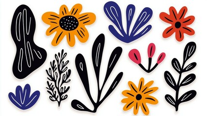 Sticker - A collection of colorful flowers and leaves are drawn in a stylized way