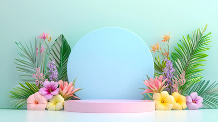 Wall Mural - A blue and pink flower arrangement with a large empty space in the middle. The flowers are colorful and vibrant, creating a lively and cheerful atmosphere.