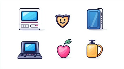 Canvas Print - A computer monitor, a heart, a smiling face, a cup, a bottle, and a laptop