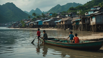 Wall Mural - kids in Quiet fishing village background