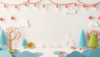 Paper craft winter scene with white background, paper trees, deer, clouds, stars, and lightbulbs.