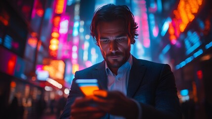 Wall Mural - Male business executive  standing in the bright lights - Las Vegas - neon lights - looking at cell phone 