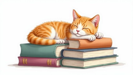 Wall Mural - A cat is sleeping on top of a stack of books