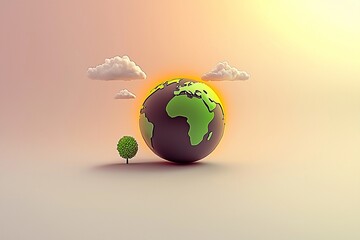 Sticker - 3D Globe with Clouds and Tree - Minimalist Earth Illustration