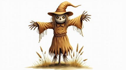 Wall Mural - A creepy witch with a skull on her head stands in a field of grass