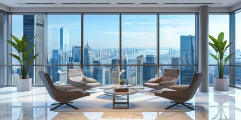 Wall Mural - Modern office lounge with stylish furniture and panoramic city view, ideal for relaxation and informal meetings