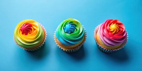 Poster - Three rainbow colors cupcake on blue background with glitter confetti top view, cupcake, rainbow, colors, blue