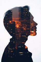 Wall Mural - Businesswoman connecting with the city at night double exposure portrait