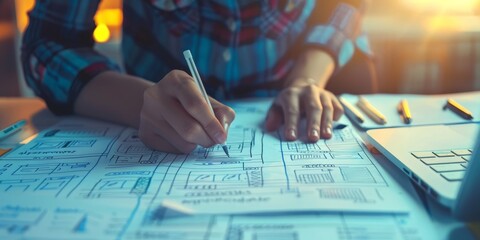 Fototapete - Close-up of UX designer's hands sketching wireframes on paper, illustrating creative design thinking