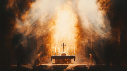 Poster - Religious Altar with Cross  Candles  and Light Beams