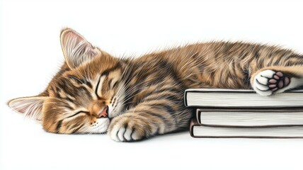 A cat is sleeping on top of a stack of books