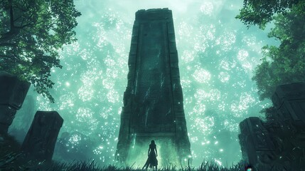 Wall Mural - Mysterious Ancient Stone Tower and Silhouetted Woman in a Fantasy Forest