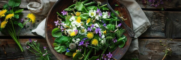 Sticker - Spring Salad with Dandelion, Asparagus, Wild Garlic, Edible Flowers, Nettle, and Cream Cheese for a Nourishing Detox