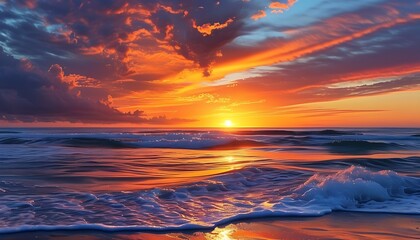 As the sun sets in the west, the brilliant sunset above the sea level complements the waves, showing a tranquil and beautiful beach scene.