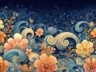 Wall Mural - Intricate Fantasy Floral Artwork with Swirling Blue Waves and Orange Flowers on Dark Background | Digital Art Print