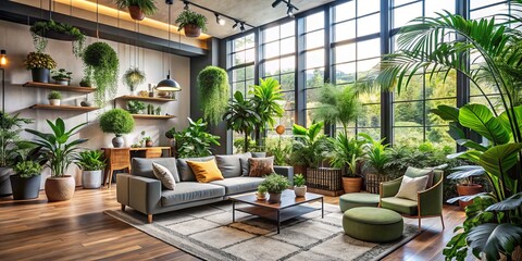 Indoor plants mingle with elegant decor in this modern garden, where stylish furniture and lush foliage come together