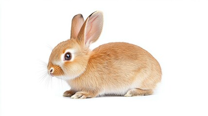 A small brown rabbit is sitting on a white background