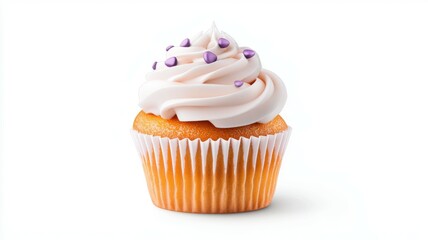 A white cupcake with purple sprinkles on top