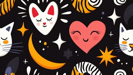 Poster - A black and white image of a cat and a heart with stars and a moon