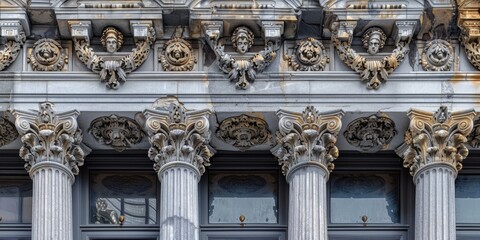 Poster - A historic building facade with marble stone columns and detailed carvings, reflecting classical architecture and timeless elegance