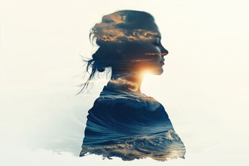 Woman connecting with nature embracing ocean waves sunset sky