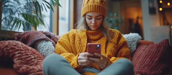 Poster - Young Woman Using Phone While Sitting on a Cozy Couch