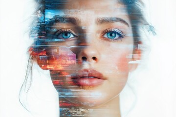Woman face merging with digital visual information flow