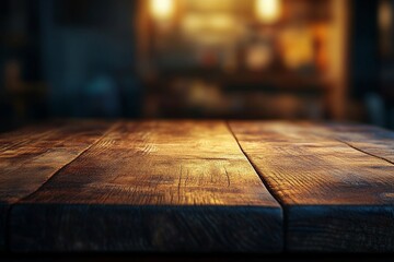 Closeup of a wooden table top with warm light shining through from behind.