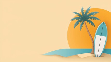 Sticker - A beach scene with a palm tree and a surfboard