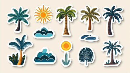 A collection of tropical tree stickers with a variety of different trees