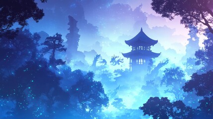 Wall Mural - Mystical Asian Temple in the Forest with Blue Sky and Clouds