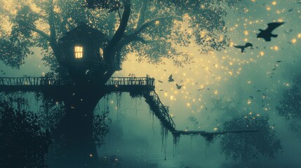 Wall Mural - Enchanted Treehouse with Flying Lights and Birds