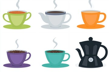 Poster - Colorful Coffee Cups and Coffee Pot Cartoon Illustration