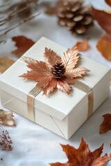 Wall Mural - Autumn-Inspired Gift Box with Copper Leaf Decor