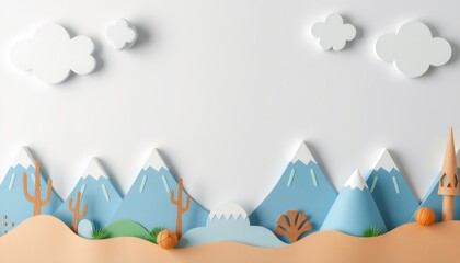 Papercraft mountains, clouds and desert landscape with basketball.