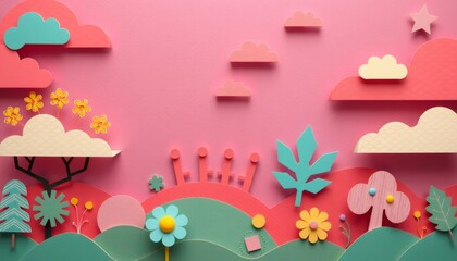 Colorful paper cut out landscape with clouds, flowers, and trees on a pink background.