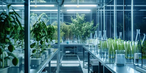 Wall Mural - visual metaphor of an agriculture lab with plant genetics research and agricultural biotechnology