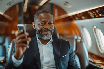 Wall Mural - In a wide-angle view capturing vibrant colors of a sunny day, a handsome African American businessman exudes confidence and success as he engages in a lively conversation on his smartphone, surrounded