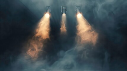 Sticker - Three spotlights shining through smoke on a dark background.