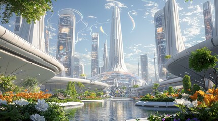 Poster - Futuristic Cityscape with Water Feature and Lush Gardens