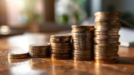 Illuminated Coins Arranged in Gradation on a Reflective Wooden Surface—A Symbol of Wealth