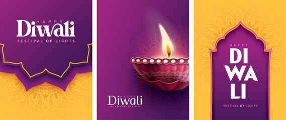 Poster - Happy Diwali festival with oil lamp, Rangoli decoration with Diya, Diwali holiday Background with rangoli, Diwali celebration greeting card,vector.