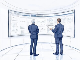 A businessman and politician discussing a policy document with futuristic digital interfaces around them, cityscape outside, economic policy, policy discussion