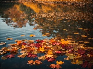 Poster - Colorful fall leaves in pond lake water  floating autumn leaf