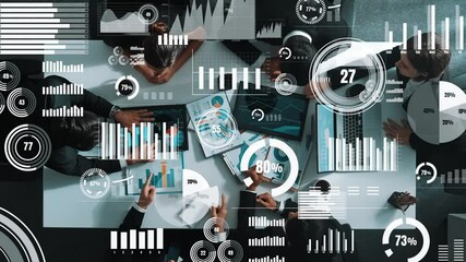 Wall Mural - Top down aerial view of smart diverse businesswoman looking at data analyst working at financial statistic chart at meeting table. Hologram of stock marketing investment graph concept. Directorate.