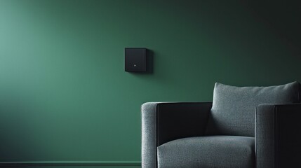 Wall Mural - Dark Green Wall with Black Square and Grey Armchair