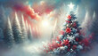 © mdaktaruzzaman - A winter landscape featuring a cluster of evergreen trees with vibrant red and white foliage. In the background a luminous star shines brightly amidst soft ethereal clouds