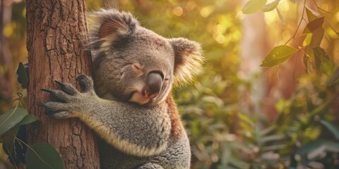 Poster - A vertical image of an adorable koala bear Phascolarctos cinereus embracing a tree while peacefully napping