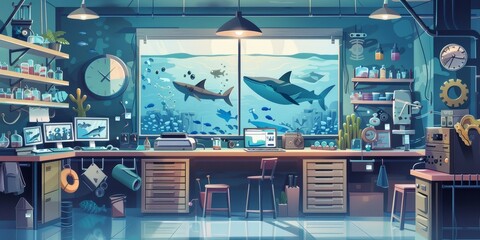 Wall Mural - graphic representation of a marine biology lab with marine organisms and oceanographic research